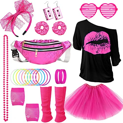 26 st 80-tals utklädningstillbehör, 90-tals neon disco partyoutfit, T-shirt, tutu, armband, bananväska, glasögon, armband, halsband, leggings, outfit årstema, karneval, dam