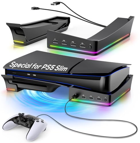 Soporte horizontal con luz RGB para PS5 Slim, soporte de base para Playstation 5 Slim Disc/edición digital con 14 luces coloridas y 4 puertos USB, soporte estable para accesorios delgados de PS5