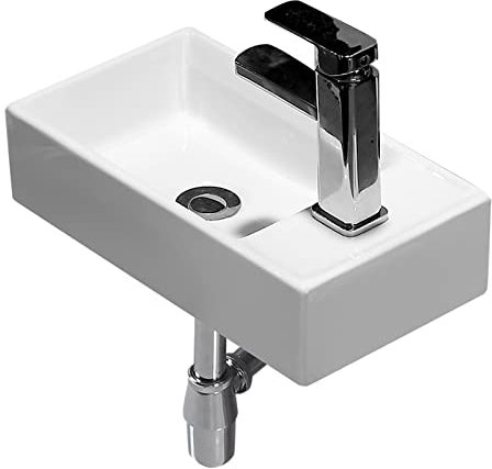 Lavabo Salle de Bain Lavabo de salle de bain en porcelaine blanche, lavabo mural, petit lavabo de vestiaire, lavabo rectangulaire en céramique, ensemble d'évier avec robinet et drain Vasque à Poser(Co