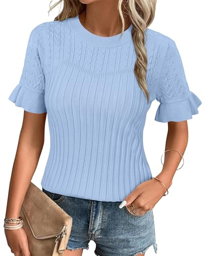 Arach&Cloz Pull Femme à Manches Courtes en Été Pulls Tricotés avec Col Rond Décontracté Léger Bleu Clair, S