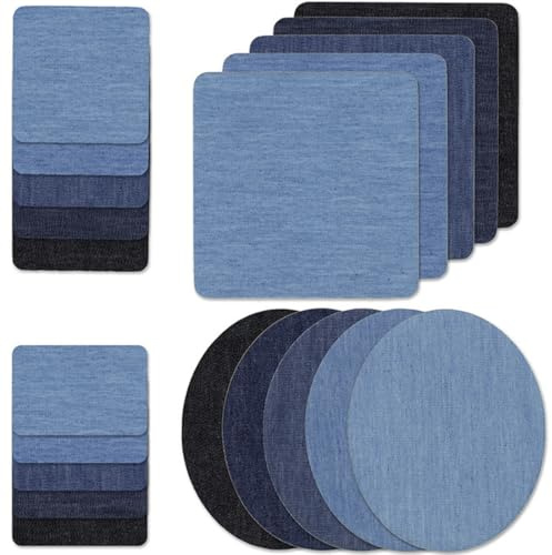 Clyhon Toppe Termoadesive, 20pcs Toppe per Stirare Jeans, Jeans Ferro Denim Toppa Quadrata Rotonda con Kit di Riparazione in Tessuto, per Pantaloni Fai-da-Te Borsa Vestiti (4 Dimensione)