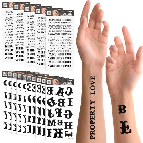 Andibro 20 ark tillfälliga tatueringar, självhäftande bokstäver tatueringar klistermärken 5 olika bokstavsstilar vattentät svart falsk tatuering klistermärken gör-det-själv namnställ för kvinnor män