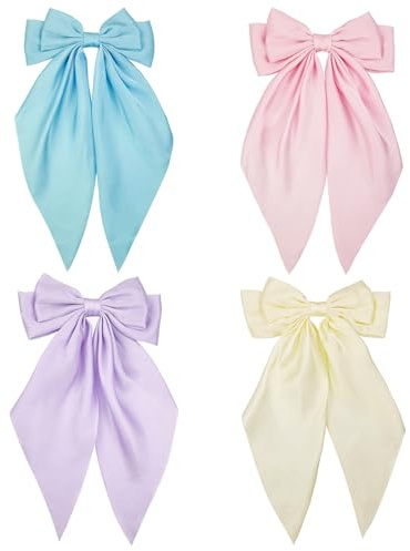 JGQUR Pastel Satin Bows Hair Accessories 4PCS - Long-Tail Bow Clips for Women, Sky Blue Lilac Light Pink Beige - Stylish Hair Barrettes for Spring and Casual Looks
