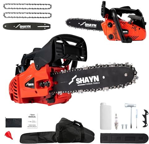 SHAYN 25.4cc Petrol Chainsaw - 2-Stroke Top Handle Chain Saw with 10 Bar, 2 Spare Chain, Anti-Vibration, Low-Noise, Auto Oiler, Toolkit & Carry Bag - Lightweight Garden Saw with 3-Year Warranty (Red)