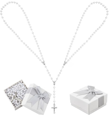 DICOSMETIC 1 corona de rosas de perlas blancas para decoración de boda, lazo de aleación, cuerda cruzada, lazo para boda, perlas de plástico, rosario con cruz unitaria para ceremonia, regalo de novia