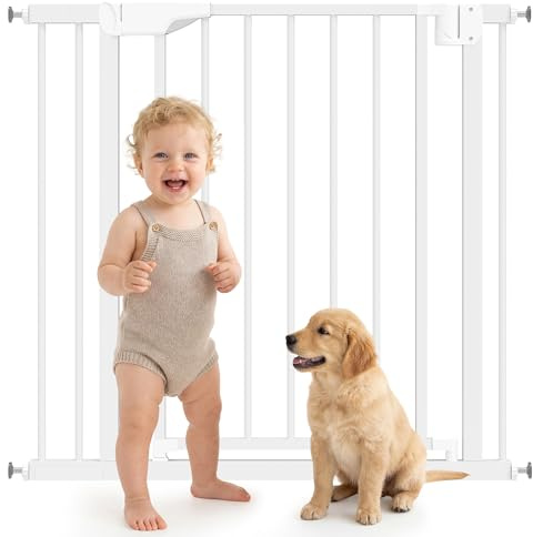 PawHut Barrera de Seguridad para Niños y Perros, Extensible 76-89 cm, Puerta para Perros para Puertas y Escaleras, Bloqueo Doble, Cierre Automático, Montaje a Presión, Extensión 7 cm, Blanco