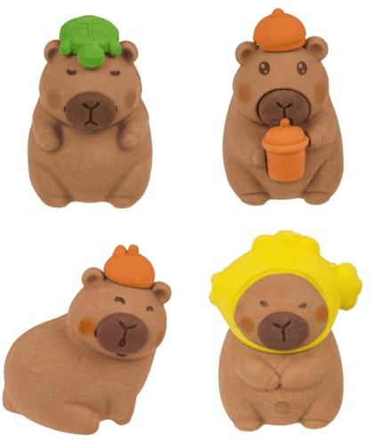 Palleon Set med 4 Capybara suddgummi – Kawaii souvenirer för barn | 4 olika mönster, vardera ca 3,5 x 2 cm – perfekt för skolväska, barnfödelsedag och adventskalender
