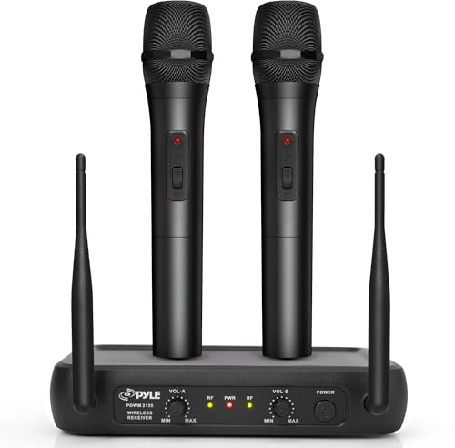 Pyle Channel Microphone System-VHF Fixed Dual Frequency Wireless Set with 2 Handheld Dynamic Transmitter Mics, Receiver Base-for PA, Karaoke, Dj Party (PDWM2135) , Black
