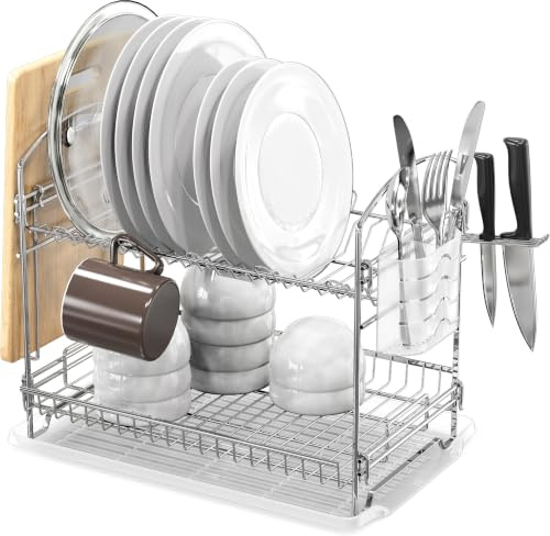 Simple Houseware 2-Tier Stainless Steel Dish Rack with Drainboard, Chrome for Kitchen