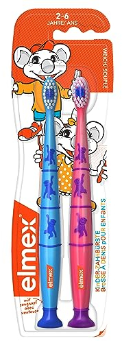 elmex Kinderzahnbürste 2-6 Jahre, 2 Stück – weiche, abgerundete Borsten für ein gründliches Putzen der Milchzähne – kindgerechte Zahnbürste für alle Griffarten geeignet