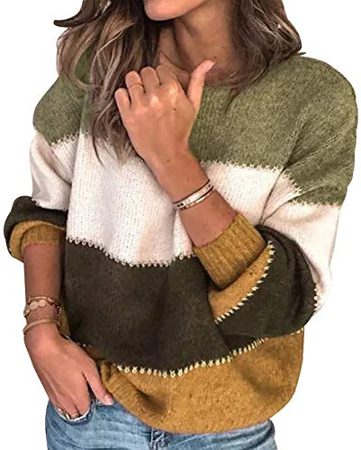 Pull Oversize Femme Grande Taille Tricoté Large Grosse Maille Pullover Chandail Manche Longue Hiver Joli Ample Chaud Épais Rayé Casual Jaune L