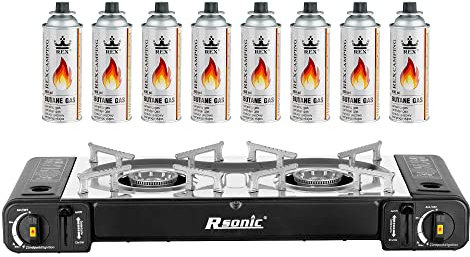 Mianova Campingkocher Doppel Gaskocher 2 flammiger Shisha Anzünder Grill Notfallkocher Kühltasche Gaskartuschen Gas Kocher Set Schwarz 8 Gasflaschen