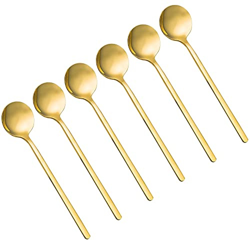 lyfLux - Juego de 6 cucharas de espresso de acero inoxidable chapadas en oro, juego de mini cucharaditas para café, azúcar, postre, pastel, helado, sopa, antipasto, capuchino, 5.3 pulgadas