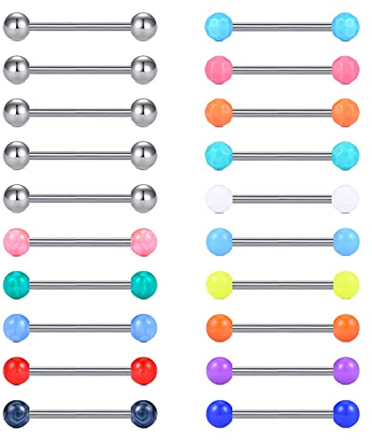 Crdifu 20Piezas Piercing Pezon Lengua 14G Acero Inoxidable Barra Derecho 18mm Lengua Piercing Joyas