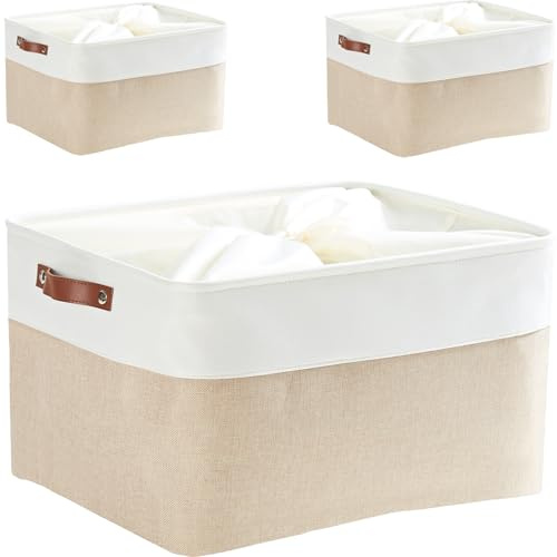 Mangata Set di 3 Cestelli di immagazzinaggio, Grande Cestino di immagazzinaggio in Tessuto per Consolatore, Cuscino, Biancheria da Letto, Coperta (Kaki/Bianco, XLarge)