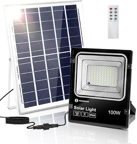 Aigostar 100W Solar Floodlight, Outdoor Floodlight with Soloar Panel 13.78X11.42, IP66 Waterproof Super Bright Solar Powered Shed Light, Dimmable Indoor Solar Light, Solar Shed Light with Remote