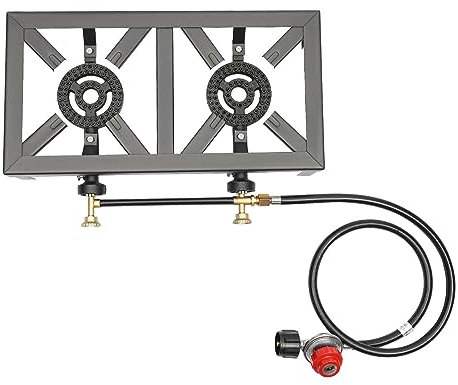 Double Burner Camping Cooker, Cast Iron Gas Stove with Regulator Hose, Portable 2 Burners BBQ Grill Cooker, Outdoor Hiking Gas Stove for Catering BBQ Patio