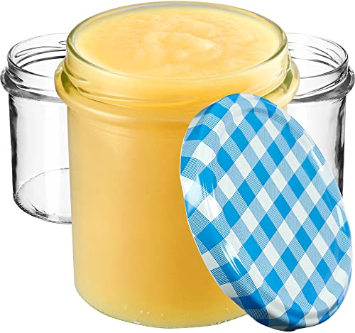 KADAX Tarros de mermelada de 350 ml, fi82 mm, tarros de conservas con tapa de rosca, tarros de miel, tarros de conserva, tarros para champiñones, mermeladas, miel (100 unidades, cuadros azules)