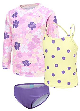 Maillot de Bain Fille 3 pièces Tankini Enfant Rashguard Manche Longue 9-10 Ans