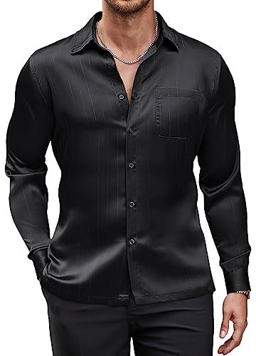 Coofandy Chemise de Luxe en Satin Brillant à Manches Longues pour Homme, Noir, Taille L
