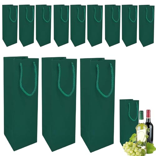 Kraftpapper vinflaskväskor med starka rephandtag, 12-pack mörkgröna flaskväskor för vin, whisky, champagne, återanvändbar vinpåse enkel vinflaska presentpåsar för jul bröllop födelsedagsfest
