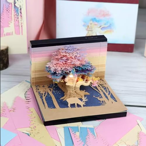 MEICHI 3D Notizblock, nicht verklebt, 3D Baumhaus (Bunt) Papierkunst mit Anzeigebox glasklar, 9.5 x 9.5 x 6 cm, 260 Blätter, Tischdeco