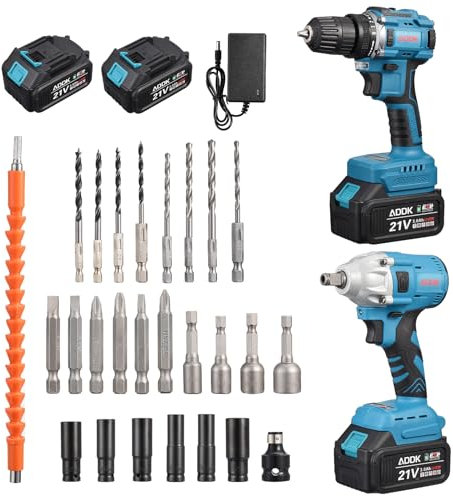 belupai Juego de llave de impacto inalámbrica y taladro de 21 V, llave eléctrica eléctrica 3 en 1 con 2 baterías de 3000 mAh, par máximo de 380 N.m, motor sin escobillas