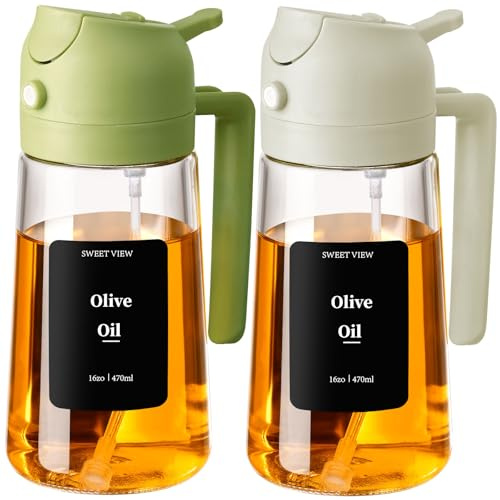 SWEET VIEW 470ml 2 en 1 Dispensador de Aceite y Pulverizador de Aceite, Vertedor Dispensador de Aceite de Oliva para, Cocina, Cocinar,Freidora de Aire,Ensalada, Barbacoa (Verde, Blanco)