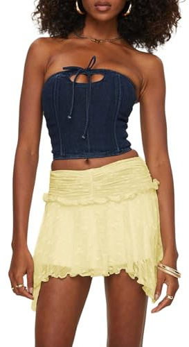 Nicoxijia Women's Y2K Lace Mini Skirt Low Rise Layered Ruffle Hem Flowy Short Skirt Underskirt Summer Mesh Fairy Frilly Skirt (D-Yellow, M)