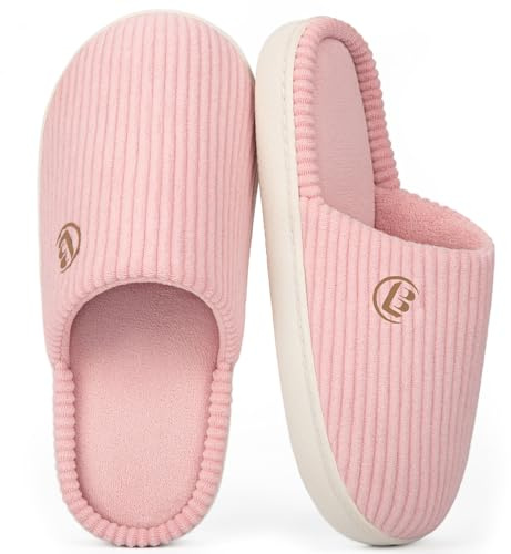 LongBay Women’s Warm Slippers Comfy Corduroy Memory Foam Slip On House Shoes Indoor Outdoor Non-Slip Sole Pink, 5-6