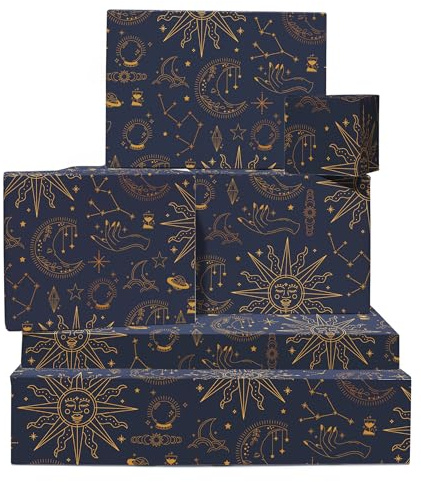 Papel de regalo azul marino y dorado - Cielo celestial - 6 hojas de papel de regalo para mujer - Sol, estrella, luna - Constelaciones, galaxia - Viene con pegatinas - Por Central 23