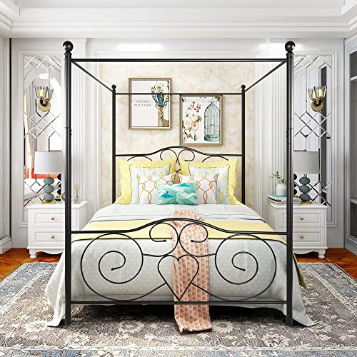 HAHRIR 5ft King Canopy Bed Frame Platform, 150x200cm Kingsize Bed Frame with Vintage Headboard and Footboard, Heavy Duty Steel Slats and Support with Mattress Foundation,Black