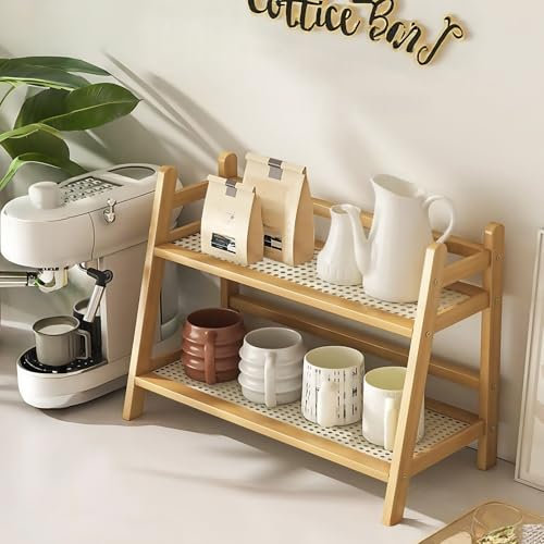 D-werack Organiseur de station de café aspect osier, support de tasse en bambou, étagère de comptoir de cuisine pour accessoires de thé, café, bar, matcha, présentoir de tasses, étagère de rangement