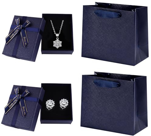 2 cajas para joyas con bolsa de regalo, 9 x 7 x 3 cm, cajas de regalo para joyas, con lazo para pendientes y collar, caja de regalo pequeña con tapa (azul oscuro)