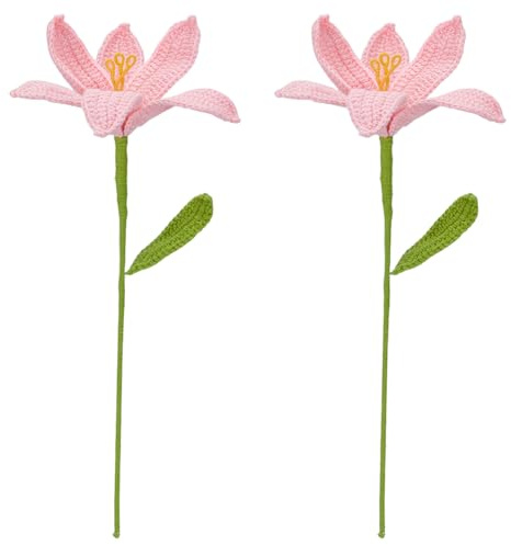 FINGERINSPIRE 2 Pz Fiori di Giglio Artificiali Fatti a Mano All'Uncinetto con Sacchetti, Giglio Rosa Bouquet di Fiore in Cotone Lavorato a Maglia con Filo di Ferro All'Uncinetto per Decorazioni
