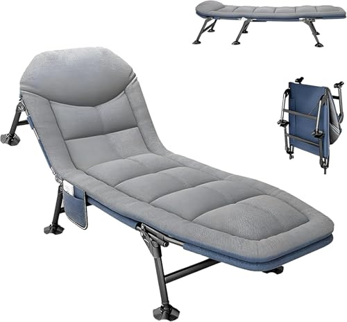 Campingliege Faltbar Leicht, Feldbett mit Matratze, Camping Bett 5-Fach Verstellbar, mit Kopfkissen und Matratze, Angelliege, Camping Liege für Outdoor, Strand und Garten, 190 x 65x30cm (grau)