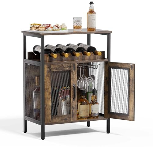 Warmiehomy Industrial Kitchen Sideboard, Wine Drinks Cabinet with Wine Rack & Glass Holder, Free Standing Cupboard Bar Cabinet for Home Office Dining Room Living Room Bedroom Hallway, Brown