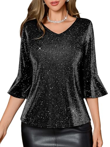 HomRain Black Sequin Tops for Women 3/4 Bell Sleeve V-Neck Glitter Party Blouse for Homecoming, Causal, Holiday & Night Out-S
