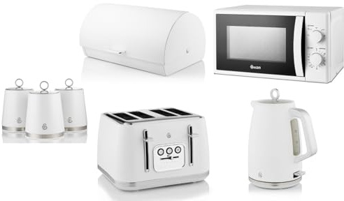 Swan Serenity White Kitchen Set of 7 Including 1.7L 3KW Jug Kettle, 4 Slice Toaster, Bread Bin & 3 Canisters plus 700W 20L Microwave SM4420WHT. Contemporary Matching Kitchen Set in White