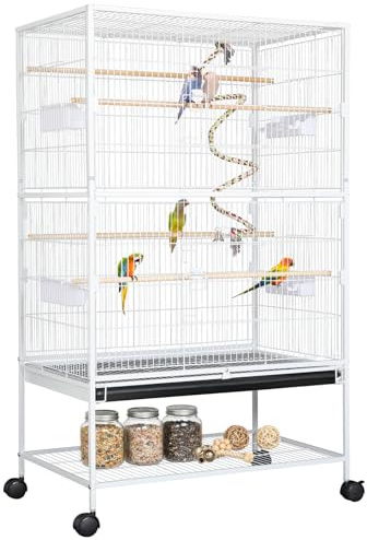 LIFERUN Grande Cage Oiseaux, Cage Oiseaux en Métal avec roulettes, Volière pour Oiseaux avec Corde Jouet, 2 Portes & 4 Perchoirs & 4 Mangeoires - pour Canaries Perroquet Perruches - 132 x 78 x 52 cm