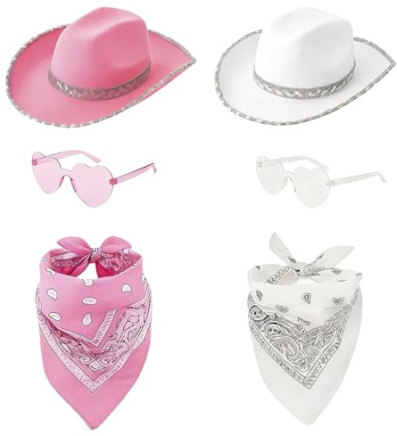 WZHHDM Ladies Sequin Cowboy Hat, 6 Piece Set Cowboy Hat for Women with Bandana Heart Sunglasses for Bachelorette Parties Halloween Festival Costume Accessories(Pink/White)