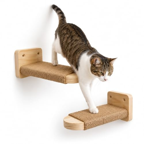 Cat Stairs Wall, Pack of 2, Climbing Wall with Jute Rope for Scratching, Solid Rubber Wood, Maximum Load Capacity 15 kg, for Climbing and Playing