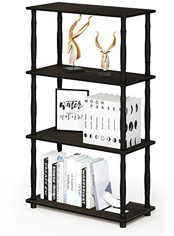 Furinno TURN-N-TUBE Storage Shelves, 4-Tier Book Shelf, Corner Shelf, Toolless Open Shelves, Classic Tubes, for Organization and Storage, Living Room, Home Office, Espresso