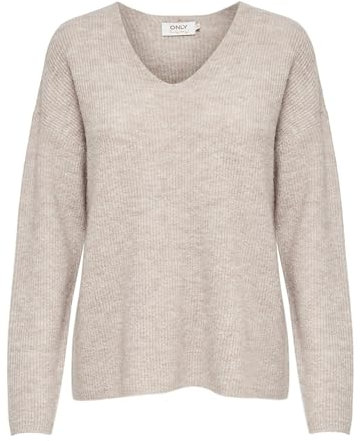 ONLY Damen Warmer Strickpullover | Knitted Basic Stretch Sweater | Langarm V-Ausschnitt Shirt ONLCAMILLA, Farben:Beige, Größe:S