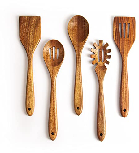 KITEISCAT Acacia Wooden Spoons for Cooking: 5-Piece Kitchen & Cooking Utensils Set - Wooden Spatula, Slotted & Pasta Spoon - Essential Wooden Utensil Set