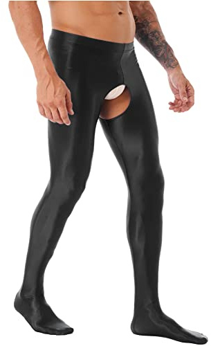 CHICTRY Mens Oil Glossy Shiny Pantyhose Tights Nylon Stockings Hosiery Hollowed Out Leggings Pants Black L