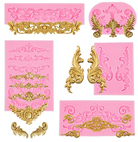 5 Stück Barock Fondant Formen Silikon, 3D Barock Vintage Silikonform Fondant, Blumenrebe Fondantform, Stuck Ornamente Formen Fondant für Fudge, Kuchen, Schokolade, Dessertdekoration, Seife
