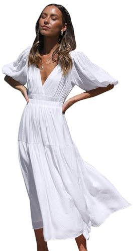 MessBebe Damen Sommerkleid Partykleid Elegant V-Ausschnitt Casual Kleider Midi Kleid Rüschen Strandkleid Cocktailkleid