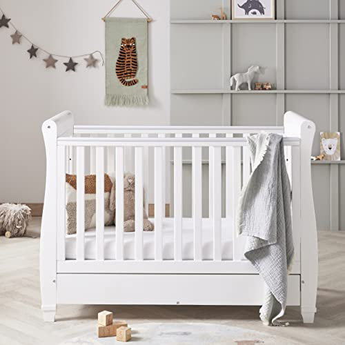 Babymore Eva Sleigh Cot Bed White - Drop Side Bed With Mattress Included, Baby Cot Bed With Teething Rail & Drawer, Convertible to Toddler Bed & Day Bed,| 3 Adjustable Bed Base Positions (White)
