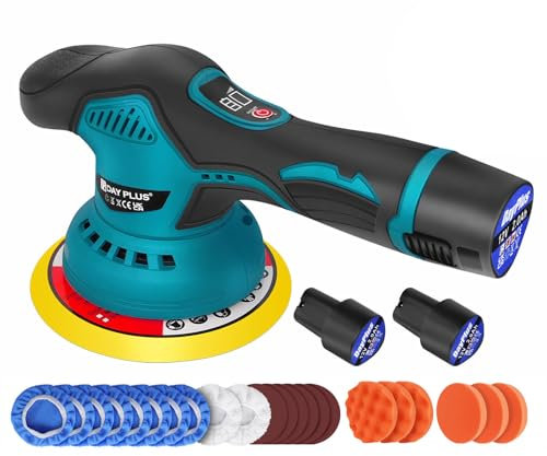 6 Cordless Rotary Car Polisher Buffer Sander Polishing Machine 2 Li-Ion with 2PCS 12V 2.0Ah Battery, 2800-5500 RPM, 8 Variable Speed, 125mm Base for Car Care Furniture Polishing Sanding